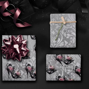 Gothic Fashion Stiletto Heel with Mauve Pink Roses Wrapping Paper Sheet