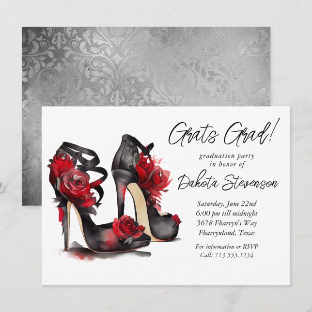 Gothic Fashion Stilettos With Red Roses Graduation Invitation (Front/Back)