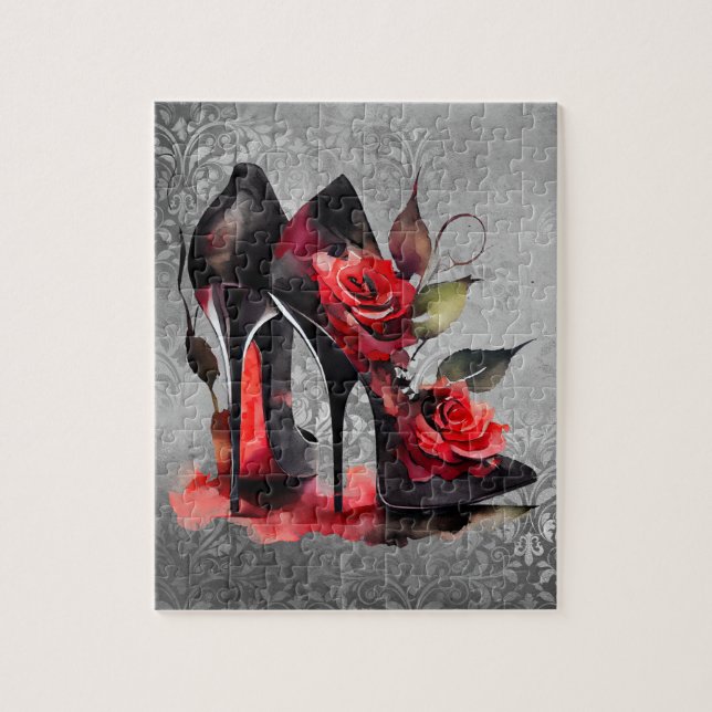 Gothic Fashionista Red Bottom Stilettos with Roses Jigsaw Puzzle (Vertical)