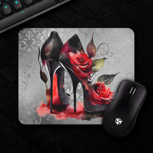Gothic Fashionista Red Bottom Stilettos with Roses Mouse Mat