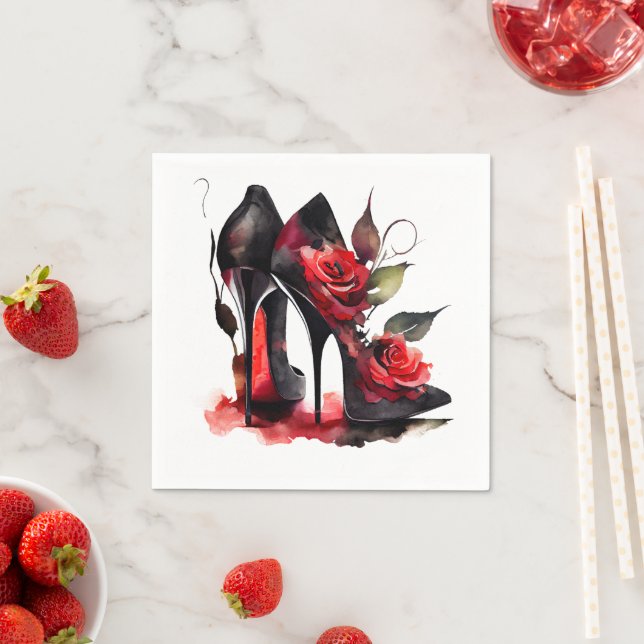 Gothic Fashionista Red Bottom Stilettos with Roses Napkin (Insitu)