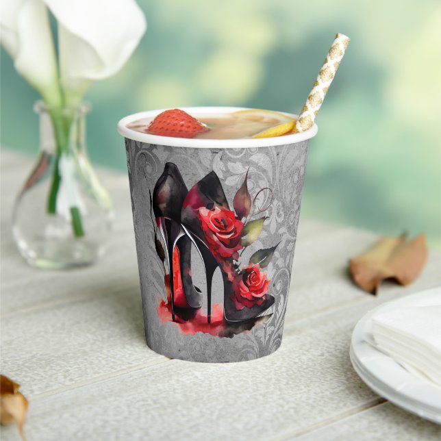 Gothic Fashionista Red Bottom Stilettos with Roses Paper Cups (Insitu)