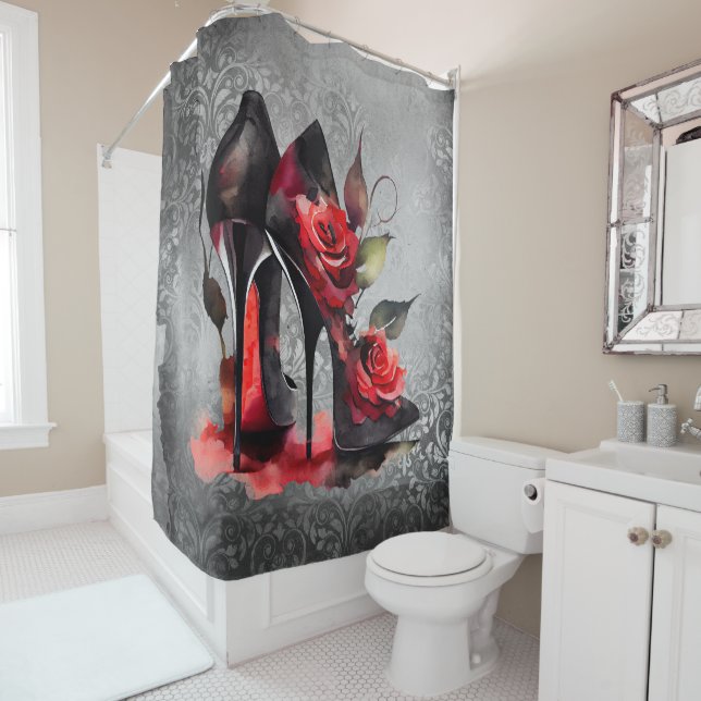 Gothic Fashionista Red Bottom Stilettos with Roses Shower Curtain (In Situ)