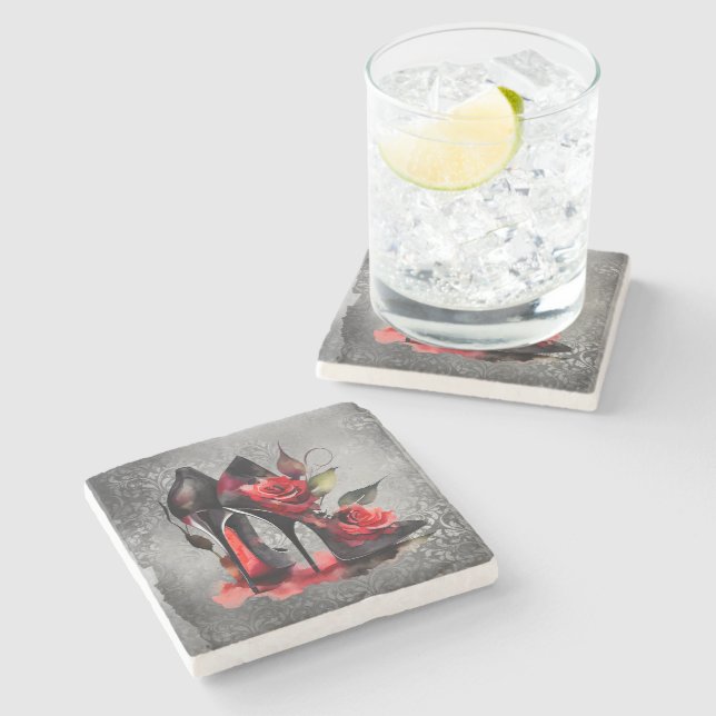 Gothic Fashionista Red Bottom Stilettos with Roses Stone Coaster (Side)