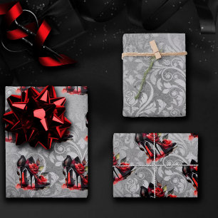 Gothic Fashionista Red Bottom Stilettos with Roses Wrapping Paper Sheet