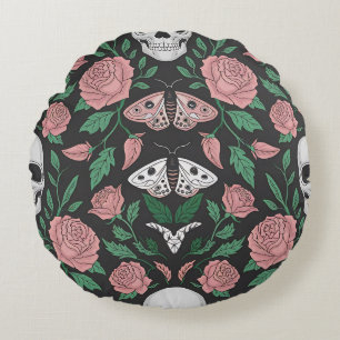 Gothic Floral and Skull Pattern with Moths Round Cushion