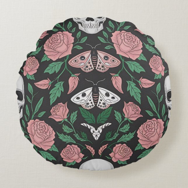 Gothic Floral and Skull Pattern with Moths Round Cushion (Front)