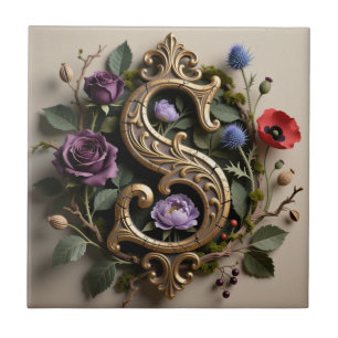 Gothic Floral Antique Gold Letter S Tile