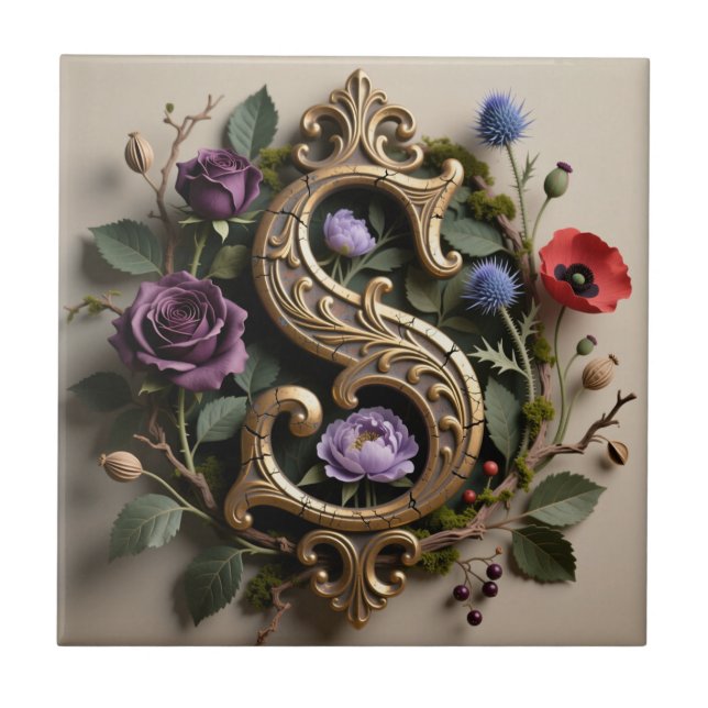 Gothic Floral Antique Gold Letter S Tile (Front)