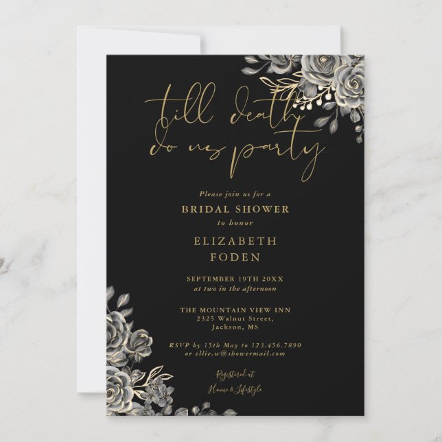 Gothic Floral Black And Gold Bridal Shower Invitation (Front)