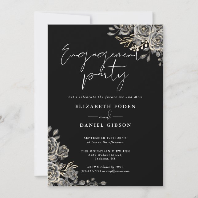 Gothic Floral Black And White Engagement Party Invitation (Front)