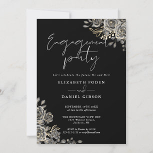 Gothic Floral Black And White Engagement Party Invitation