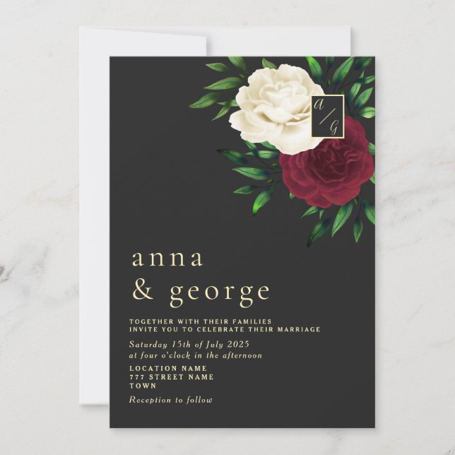 Gothic Floral Burgundy and Black Wedding Invitation (Front)