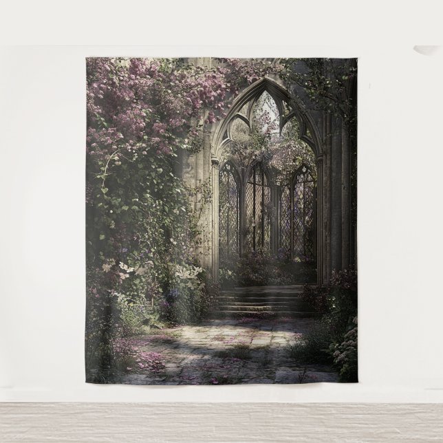 Gothic Floral Church Ruin Wedding Photo Backdrop Tapestry (Front)