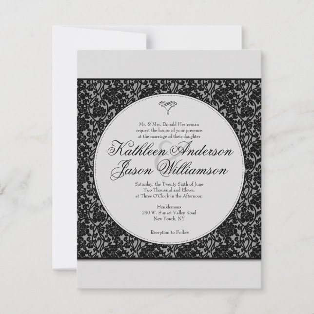 Gothic Floral Damask Monogram Wedding Invitation (Front)
