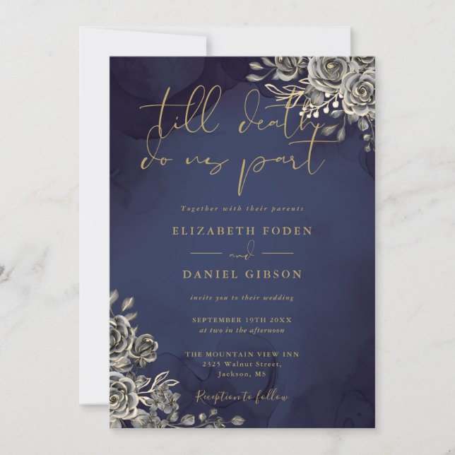 Gothic Floral Gold And Midnight Blue Wedding Invitation (Front)