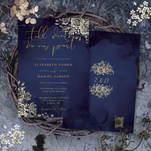 Gothic Floral Gold And Midnight Blue Wedding Invitation