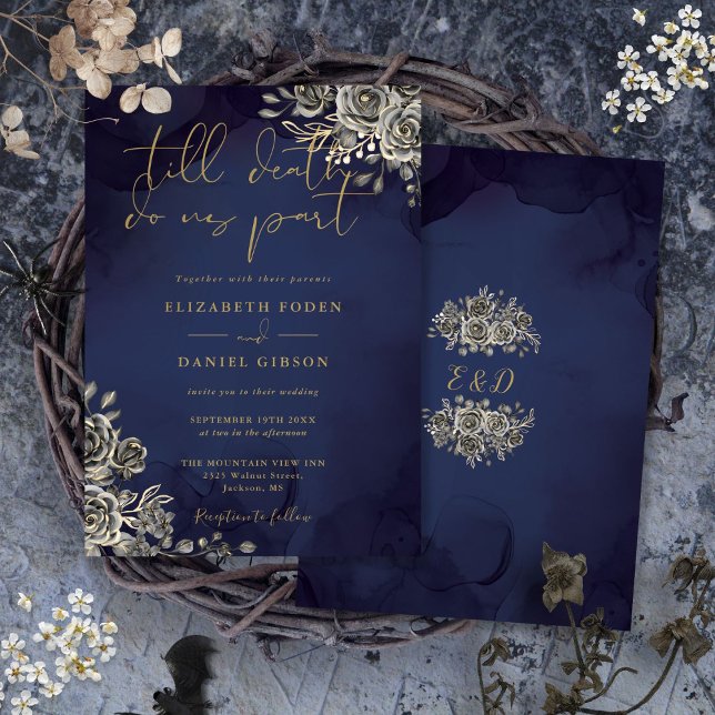 Gothic Floral Gold And Midnight Blue Wedding Invitation (Gothic Floral Gold And Midnight Blue Wedding Invitation)