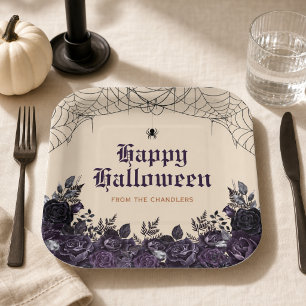 Gothic Floral Halloween Custom family name party Paper Plate