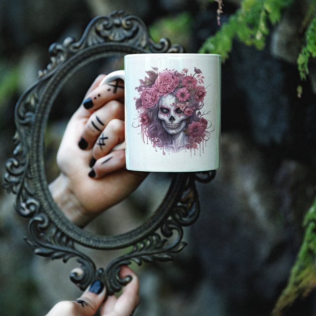 Gothic Floral Halloween Pink Skull Witch Girly Coffee Mug (Halloween Pink Skull Girl Mug)