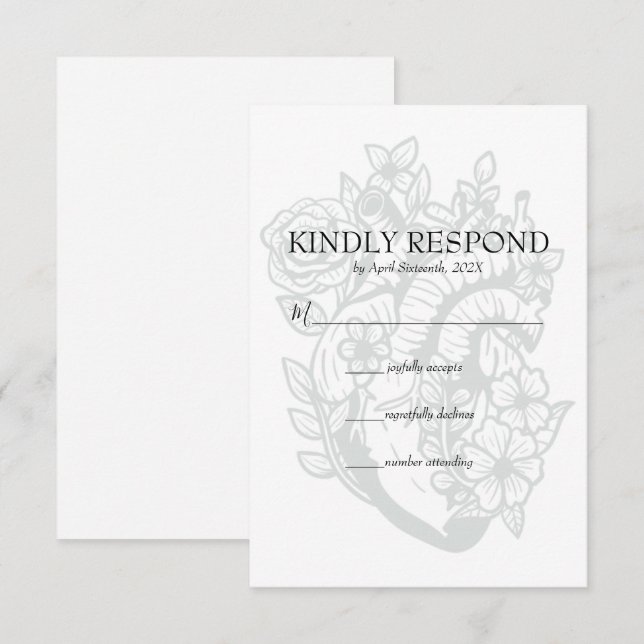 Gothic Floral Heart Spooky White Wedding RSVP Card (Front/Back)