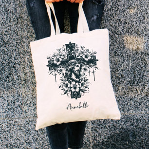Gothic Floral Jesus Christ On Cross Tote Bag