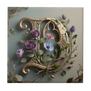 Gothic Floral Patina Gold Letter D Tile