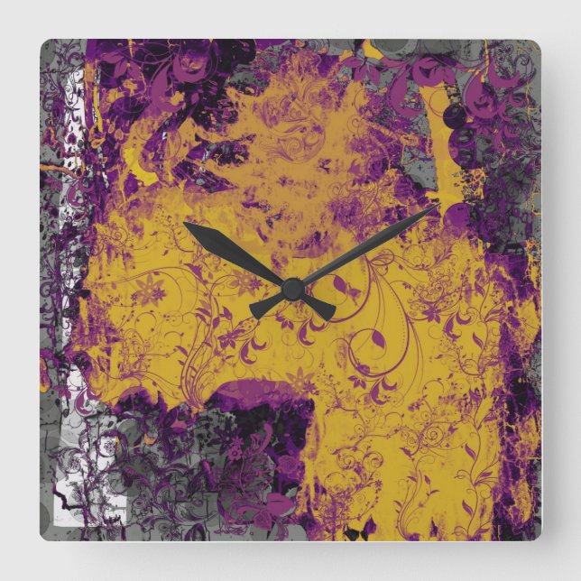 Gothic Floral Purple and Yellow Wall Clock (Front)