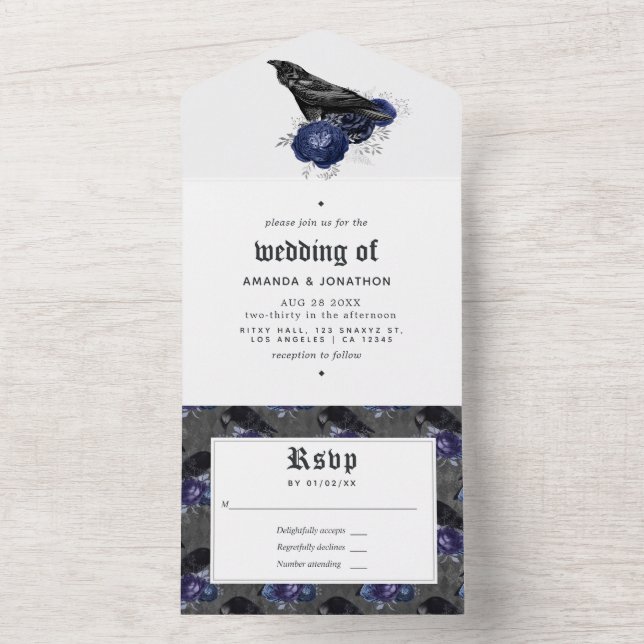 Gothic Floral Raven Wedding All In One Invitation (Inside)