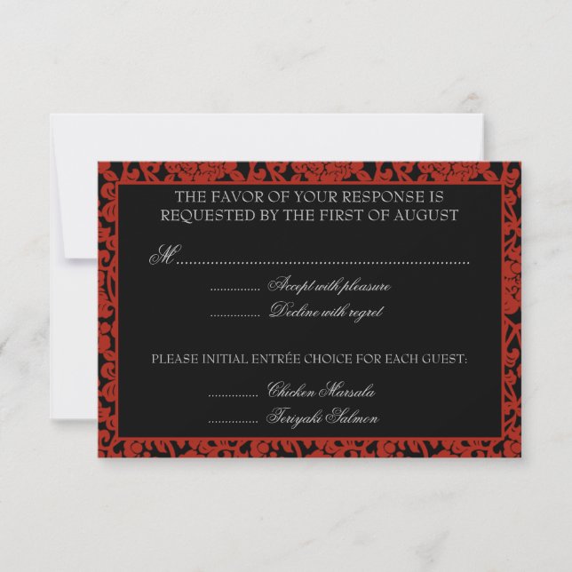 Gothic Floral Red & Black Damask RSVP Monogram Card (Front)