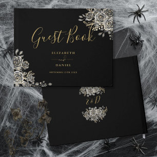 Gothic Floral Roses Black And Gold Wedding Guest Book
