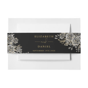 Gothic Floral Roses Black And Gold Wedding Invitation Belly Band