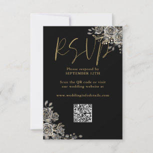 Gothic Floral Roses Black And Gold Wedding QR Code RSVP Card