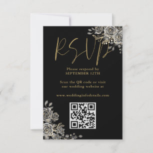 Gothic Floral Roses Black And Gold Wedding QR Code RSVP Card