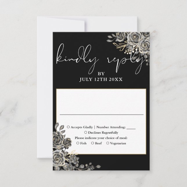 Gothic Floral Roses Black And White Wedding RSVP Card (Front)