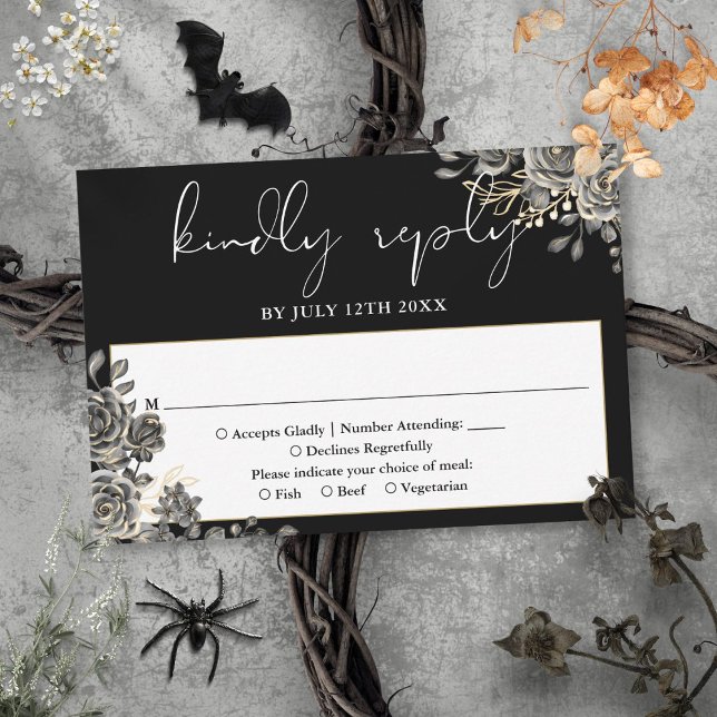 Gothic Floral Roses Black And White Wedding RSVP Card (Gothic Floral Roses Black And White Wedding RSVP Card)
