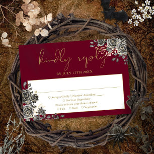 Gothic Floral Roses Burgundy And Gold Wedding RSVP Card