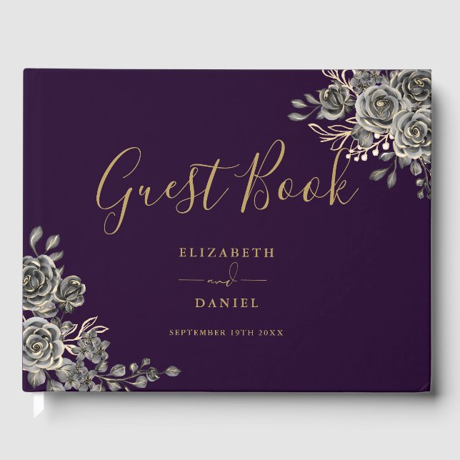 Gothic Floral Roses Purple And Gold Wedding Guest Book (Front)