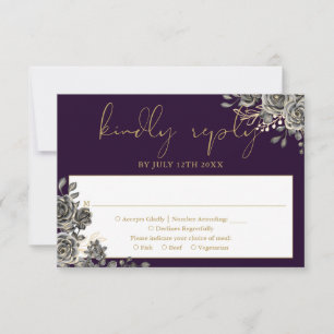Gothic Floral Roses Purple And Gold Wedding RSVP Card