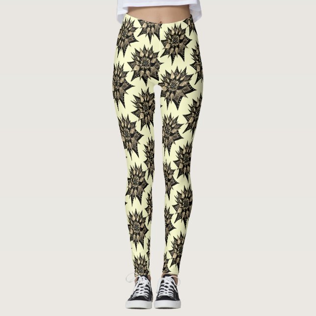 Gothic Floral Sepia Spiked Flower Pattern Leggings (Front)