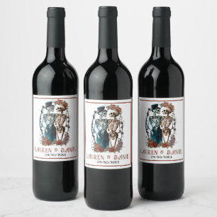 Gothic Floral Skeleton Couple Names Wedding  Wine Label