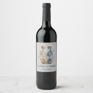 Gothic Floral Skeleton Couple Names Wedding Wine Label