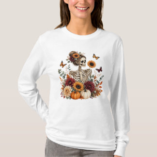 Gothic Floral Skeleton Fall Halloween  T-Shirt