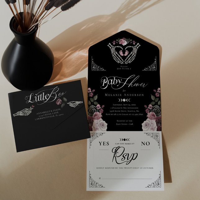 Gothic Floral Skeleton Hand Heart Baby Girl Shower All In One Invitation (Gothic Floral Skeleton Hand Heart Baby Girl Shower All In One Invitation)