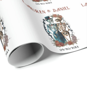 Gothic Floral Skeleton Lovers Names Wedding  Wrapping Paper
