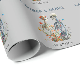 Gothic Floral Skeleton Lovers Names Wedding  Wrapping Paper