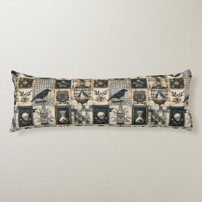 Gothic Floral Skull and Raven Pattern  Body Cushion (Front)