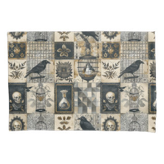Gothic Floral Skull and Raven Pattern  Pillowcase