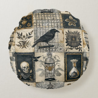 Gothic Floral Skull and Raven Pattern  Round Cushion