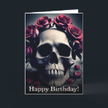 Gothic Floral Skull and Roses Birthday Card<br><div class="desc">A dark and gothic painting of a human skull surrounded by pale gothic roses and petals, featuring a creepy desaturated gothic atmosphere and otherworldly atmosphere, this birthday card is perfect for lovers of dark gothic skulls and dark romantic gothic flowers and roses, giving a unique birthday message with this unique...</div>